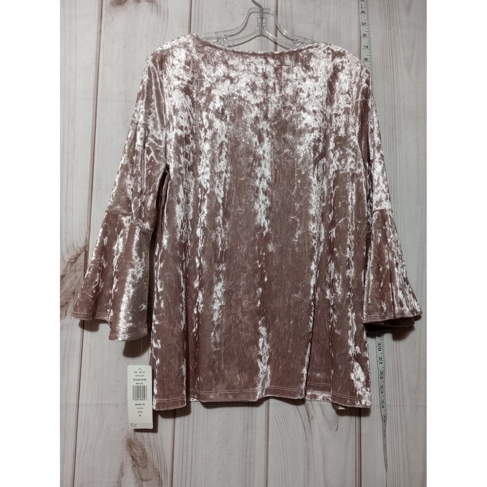 Prelude Shirt Womens XL Mauve Crushed Velvet Bell Sleeve Tunic Top Stretch New
